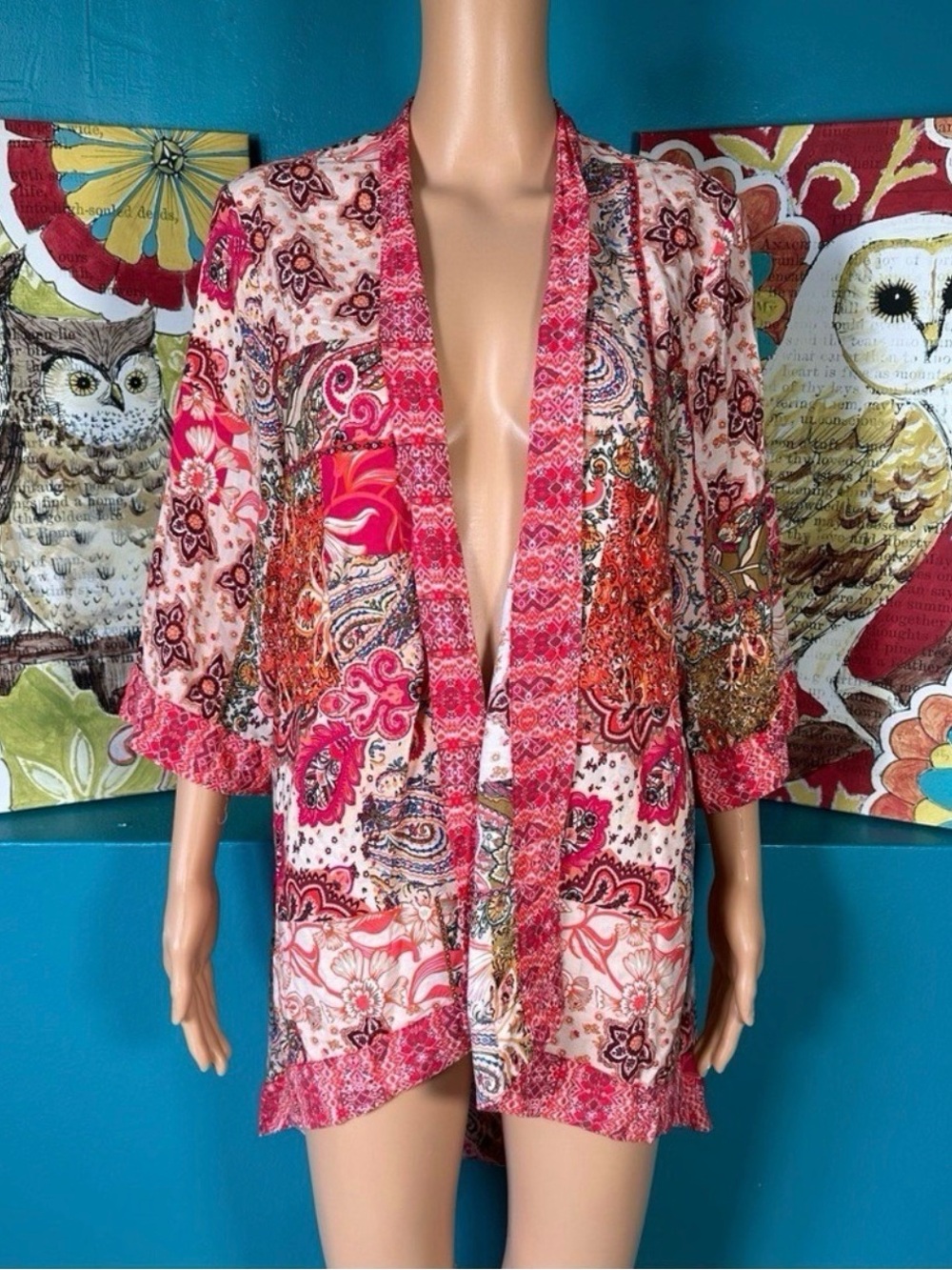 Floriana Kimono Cardigan Women's Large Boho Bohemian Floral Open Front